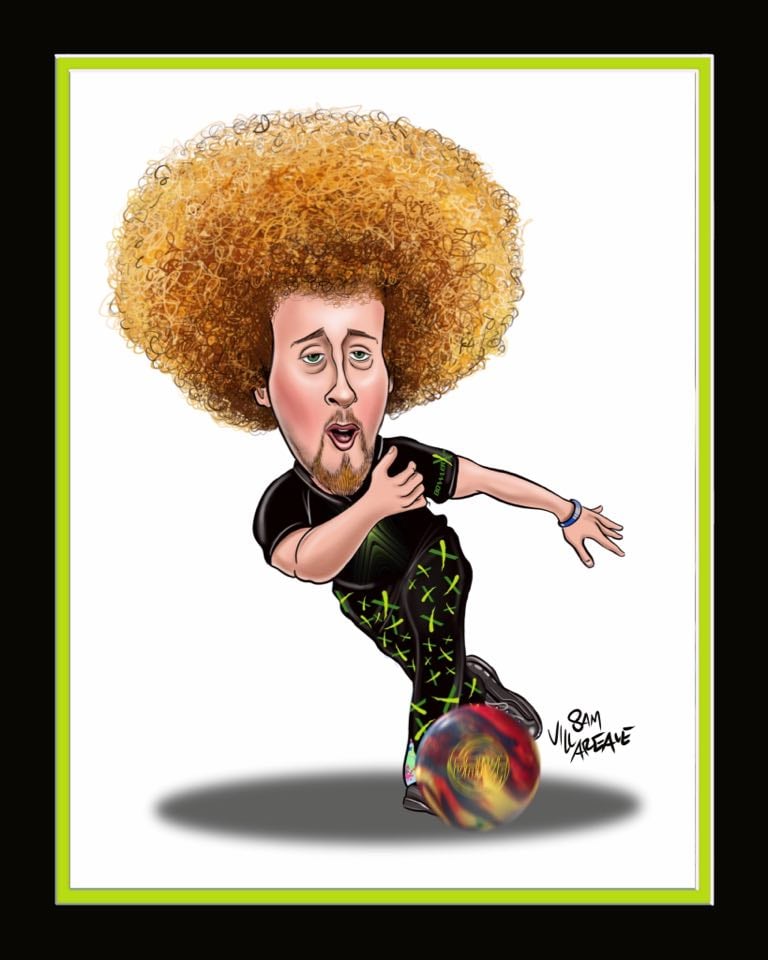 kyle troup caricature with framed border, personalized bowling pictures