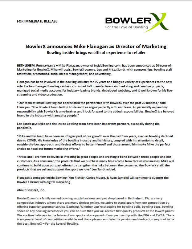 mike flanagan bowlerx marketing director press release